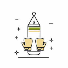 A minimalist line art icon of a punching bag and a pair of boxing gloves for combat sports.