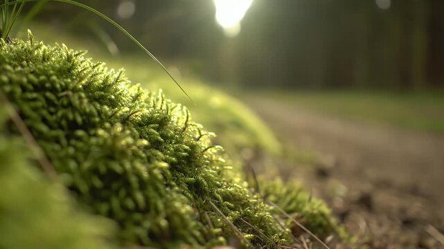 Macro Shot of Lush Green Moss Growing on a Forest Floor with Sunlight Filtering Through the Trees