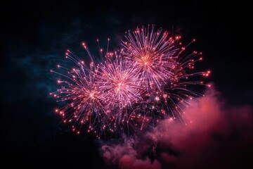 Vibrant Pink Fireworks Exploding in the Night Sky with Smoke.