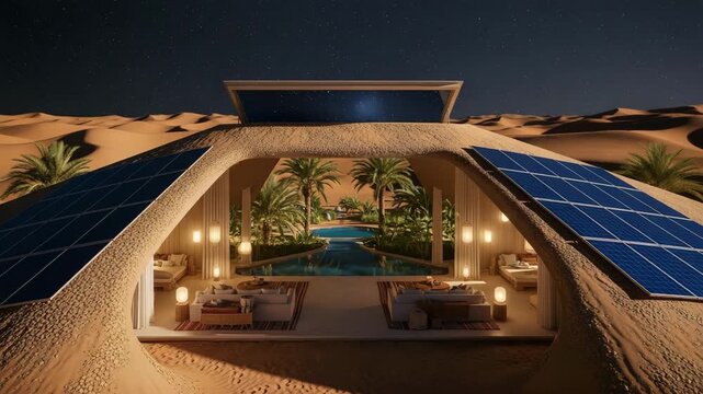 Stunning luxury underground sustainable desert house with solar panel roof infinity pool palm trees and modern architecture under starry night sky

