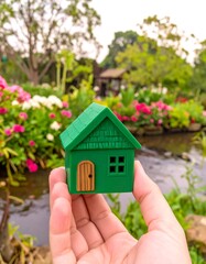 A hand holds a small green house model in a garden setting
