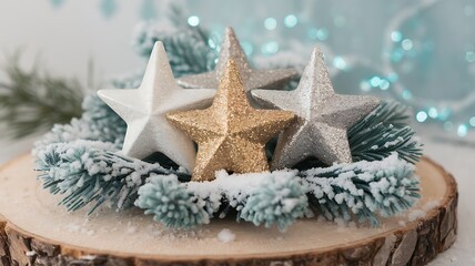 Festive Christmas Stars Ornament with Snow and Evergreen Branches for Holiday Decor Showcase.