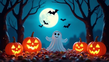 Spooky night with pumpkins, ghost, bats, and full moon.