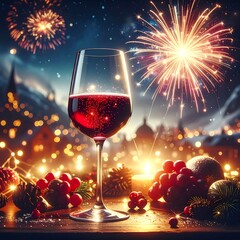 Festive wine glass with fireworks