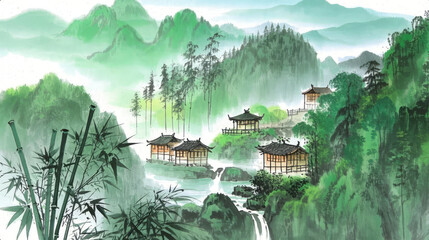 Ink wash landscape ancient town architecture culture travel background