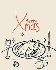 Merry Christmas greeting card. Doodle drawing of served table ready for dinner. Vintage ink sketch minimalist style. Hand drawn retro style vector illustration.