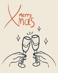 Merry Christmas greeting card. Doodle drawing of hands holding wine glasses. Wine or champagne cheers. Vintage ink sketch minimalist style. Hand drawn retro style vector illustration.