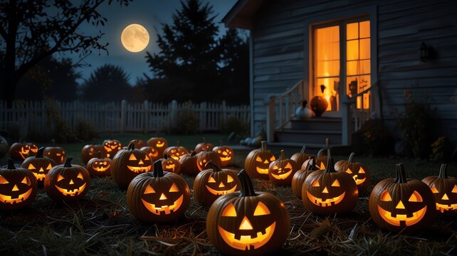 Spooky pumpkins glow under a full moon, welcoming night for Halloween fun.