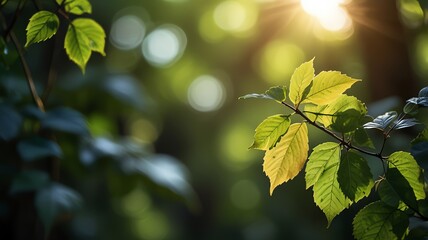 Sunlight filtering through green leaves, creating a peaceful and vibrant nature scene.