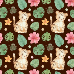 Seamless childish watercolor pattern with jungle animal, flowers and leaves. Cute pattern, wild animal, African safari 