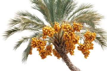 A date palm tree, abundant with ripe, golden-yellow dates, stands tall. Its lush fronds frame the delicious fruit against a solid transparent background. background removed