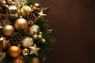 Festive Christmas Decoration Featuring Golden Ornaments, Pine Cones, and Greenery Arranged on a Dark Background
