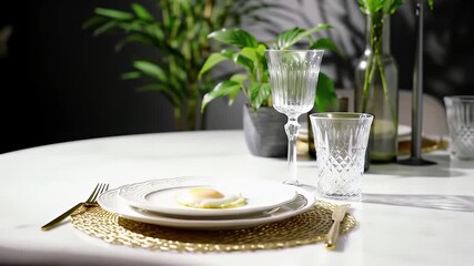 Sunnyside Egg on White Plate with Gold Utensils and Crystal Glasses