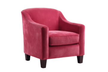 A comfortable, stylish single armchair upholstered in rich, deep pink velvet fabric, featuring a classic design and dark wooden legs. background removed