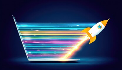 Futuristic laptop with a rocket launching from it, filled with vibrant colored light trails