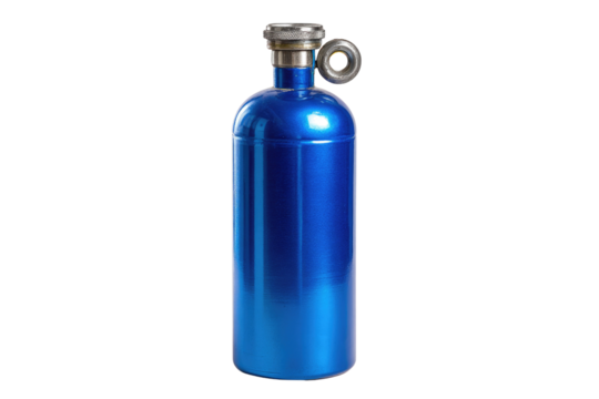 A sleek, shiny blue metallic bottle with a silver screw-top cap and attached ring stands upright. Perfect for beverages or travel. background removed