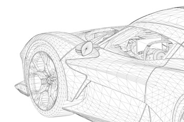 Sport car wireframe on white background reveals detailed chassis structure, aerodynamic contours, and sleek design elements. This technical illustration highlights modern automotive engineering.