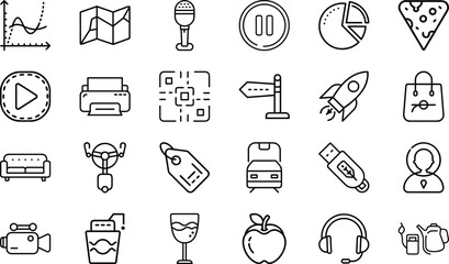 Minimal Line Icons – Business, Technology, Food, Travel, Communication, Shopping, Multimedia, Transport, Lifestyle, and Everyday Objects Vector Design Collection"