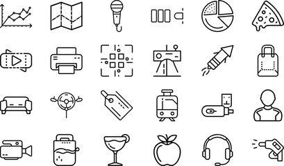Minimal Line Icons – Business, Technology, Food, Travel, Communication, Shopping, Multimedia, Transport, Lifestyle, and Everyday Objects Vector Design Collection"