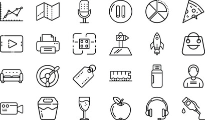 Minimal Line Icons – Business, Technology, Food, Travel, Communication, Shopping, Multimedia, Transport, Lifestyle, and Everyday Objects Vector Design Collection"