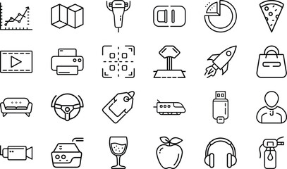 Minimal Line Icons – Business, Technology, Food, Travel, Communication, Shopping, Multimedia, Transport, Lifestyle, and Everyday Objects Vector Design Collection"