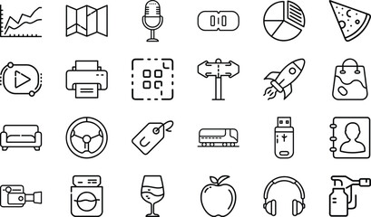 Minimal Line Icons – Business, Technology, Food, Travel, Communication, Shopping, Multimedia, Transport, Lifestyle, and Everyday Objects Vector Design Collection"