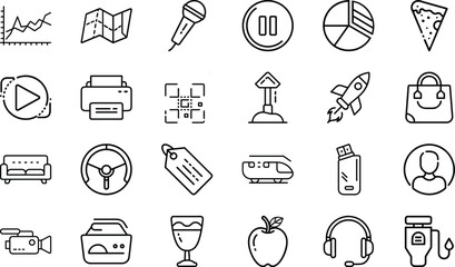 Minimal Line Icons – Business, Technology, Food, Travel, Communication, Shopping, Multimedia, Transport, Lifestyle, and Everyday Objects Vector Design Collection"