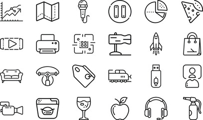 Minimal Line Icons – Business, Technology, Food, Travel, Communication, Shopping, Multimedia, Transport, Lifestyle, and Everyday Objects Vector Design Collection"