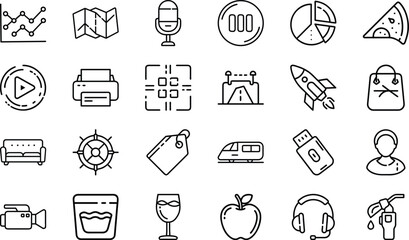 Minimal Line Icons – Business, Technology, Food, Travel, Communication, Shopping, Multimedia, Transport, Lifestyle, and Everyday Objects Vector Design Collection"