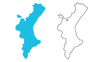 map of Valencia autonomous community of Spain. Map with detailed outlines and blue silhouettes