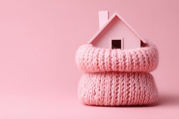 A small, pink house figurine nestled within two cozy, stacked pink knitted warmers against a soft pink backdrop