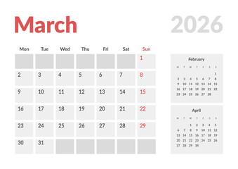 Monthly page Calendar Planner Template design of March 2026. Vector layout of calendar with week start Monday for Scheduling. Page for size A4 or 21x29.7 cm