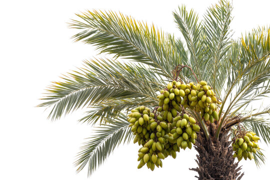 A date palm tree with numerous bunches of unripe green dates hangs from its fronds, set against a solid transparent background. background removed