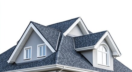 Grey roof with attic windows on a light gray house.
