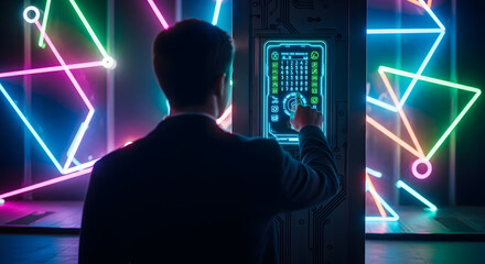 Futuristic Control Panel Interaction with Neon Geometry