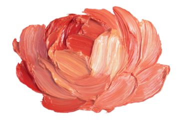 A beautiful, vibrant textured paint stroke arrangement in shades of coral, red, and peach, resembling an artistic abstract flower bloom. Perfect for elegant design projects. background removed