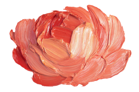 A beautiful, vibrant textured paint stroke arrangement in shades of coral, red, and peach, resembling an artistic abstract flower bloom. Perfect for elegant design projects. background removed
