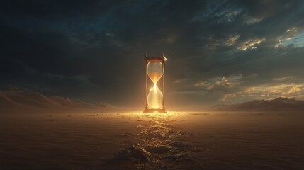 Giant hourglass standing in the middle of a desert, glowing sand flowing like liquid light, surreal fantasy landscape