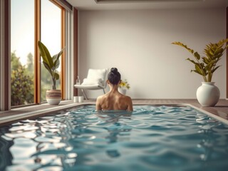 Serene woman relaxing in tranquil indoor pool, a wellness and spa scene.