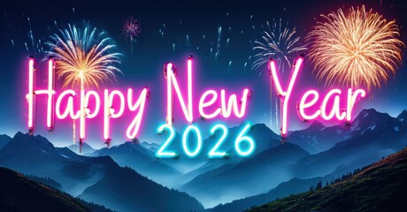 Festive scene depicts bright fireworks above mountains. Neon text reads Happy New Year 2026. Vibrant colors create celebratory mood.