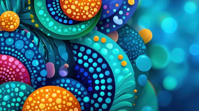 A colorful abstract design with many circles and dots. The design is blue and orange. The circles and dots are of different sizes and colors. The design is very busy and colorful - Powered by Adobe