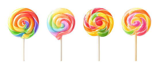 Obraz premium Colorful swirl lollipops on black background, sweet candy art, isolated confection treats PNG set Transparent backround