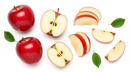 Red Apples Collection: Whole, Sliced, and Halved with Green Leaves on White Background