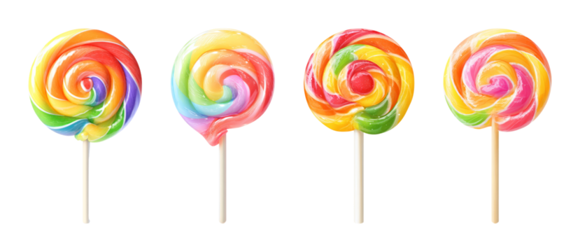 Colorful swirl lollipops on black background, sweet candy art, isolated confection treats PNG set Transparent backround