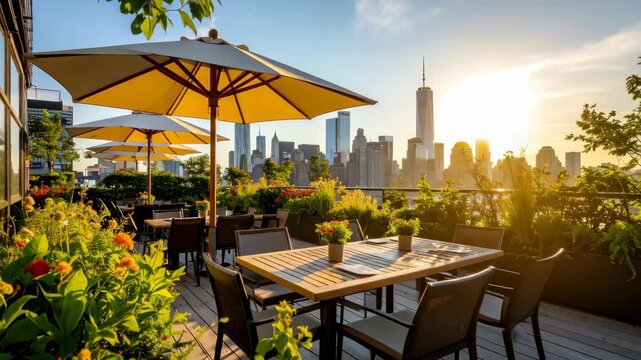 Outdoor rooftop restaurant terrace with tables and city skyline at golden hour, tranquil evening atmosphere with umbrellas and plants