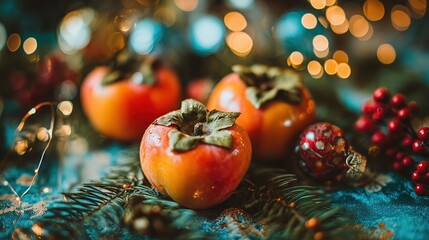 Festive display of fresh persimmons with holiday lights and decorations
