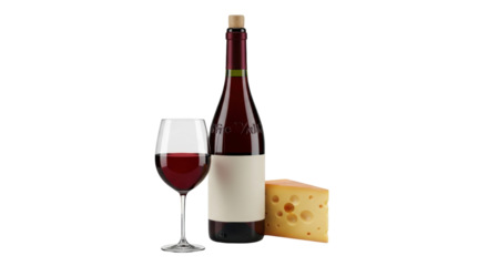 Isolated red wine bottle, glass of wine, and cheese block on a neutral backdrop, food pairing