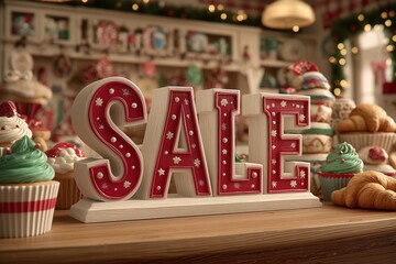 Festive bakery sale sign amid christmas-themed cakes and pastries