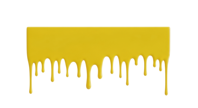Isolated yellow paint drips hanging from a rectangular shape for graphic design and art