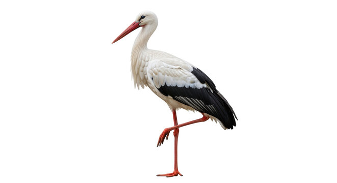 Isolated stork stands on one leg, showing off its long beak and black tipped wings